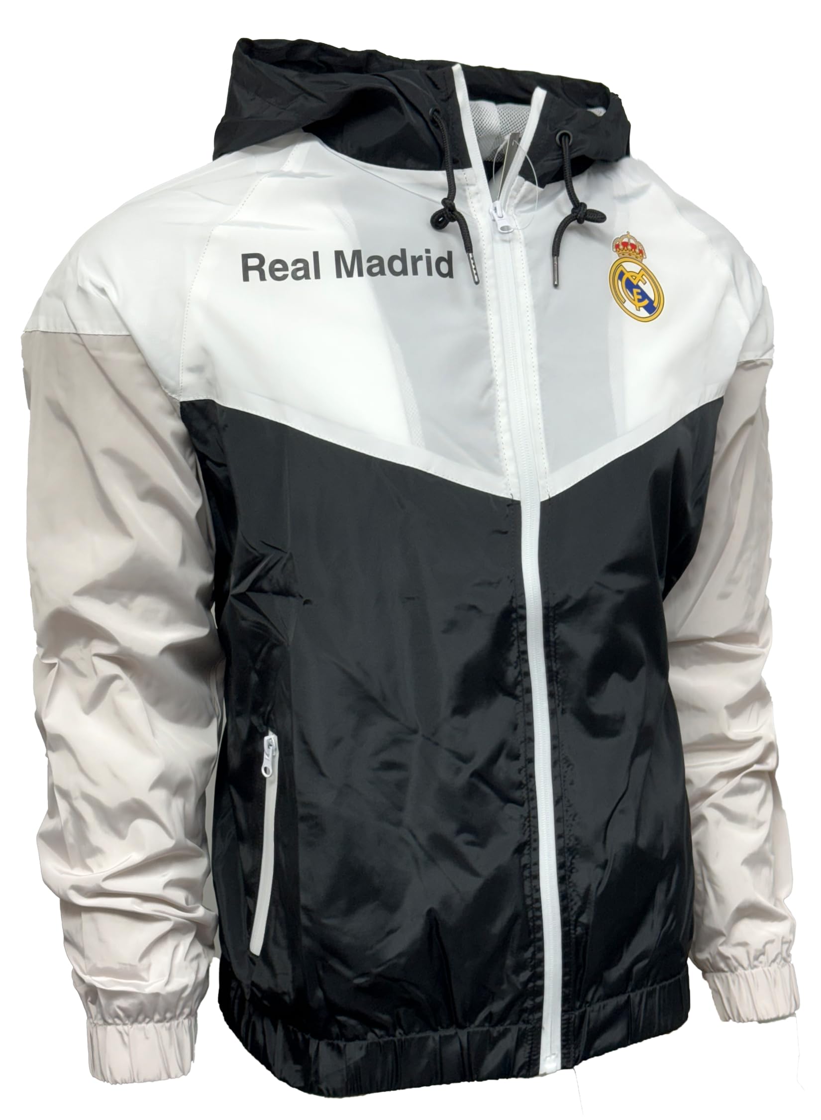 Real Madrid Windbreaker Jacket, Licensed Real M. Lightweight Waterproof Hooded Rain Jacket, Black, XXL
