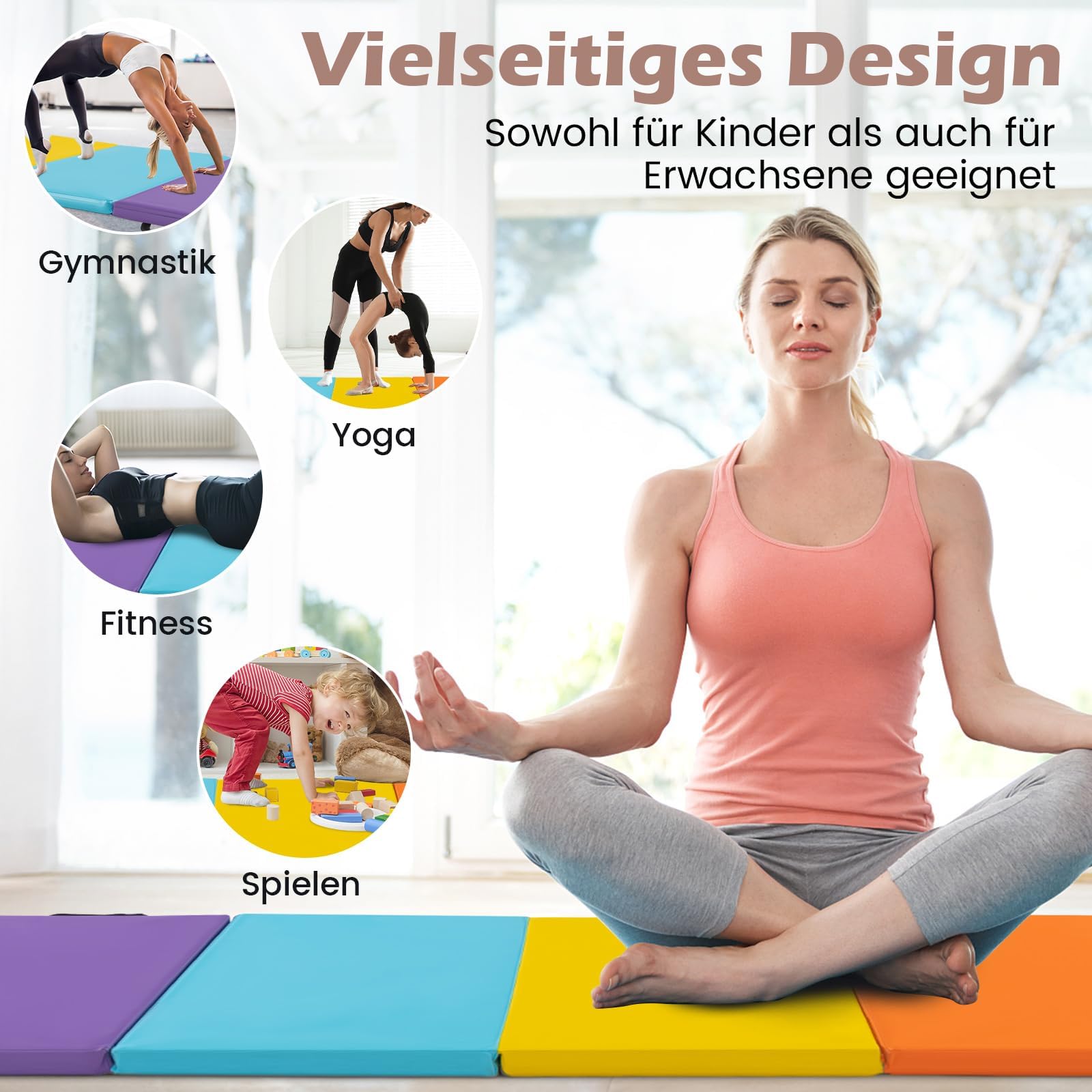 FANTASK Tapis de gymnastique en polyuréthane, pliable, avec poignée de transport, tapis de sport, tapis de fitness, pour enfants et adultes, 200 x 75 x 3 cm