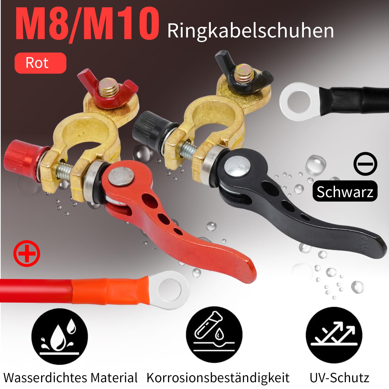 25mm² 100cm 3AWG Batteriekabel mit M8/M10 Ringkabelschuhen, 120A 300V Wechselrichter-Anschlusskabel, Kupferkabel für 12V/24V Autobatterie