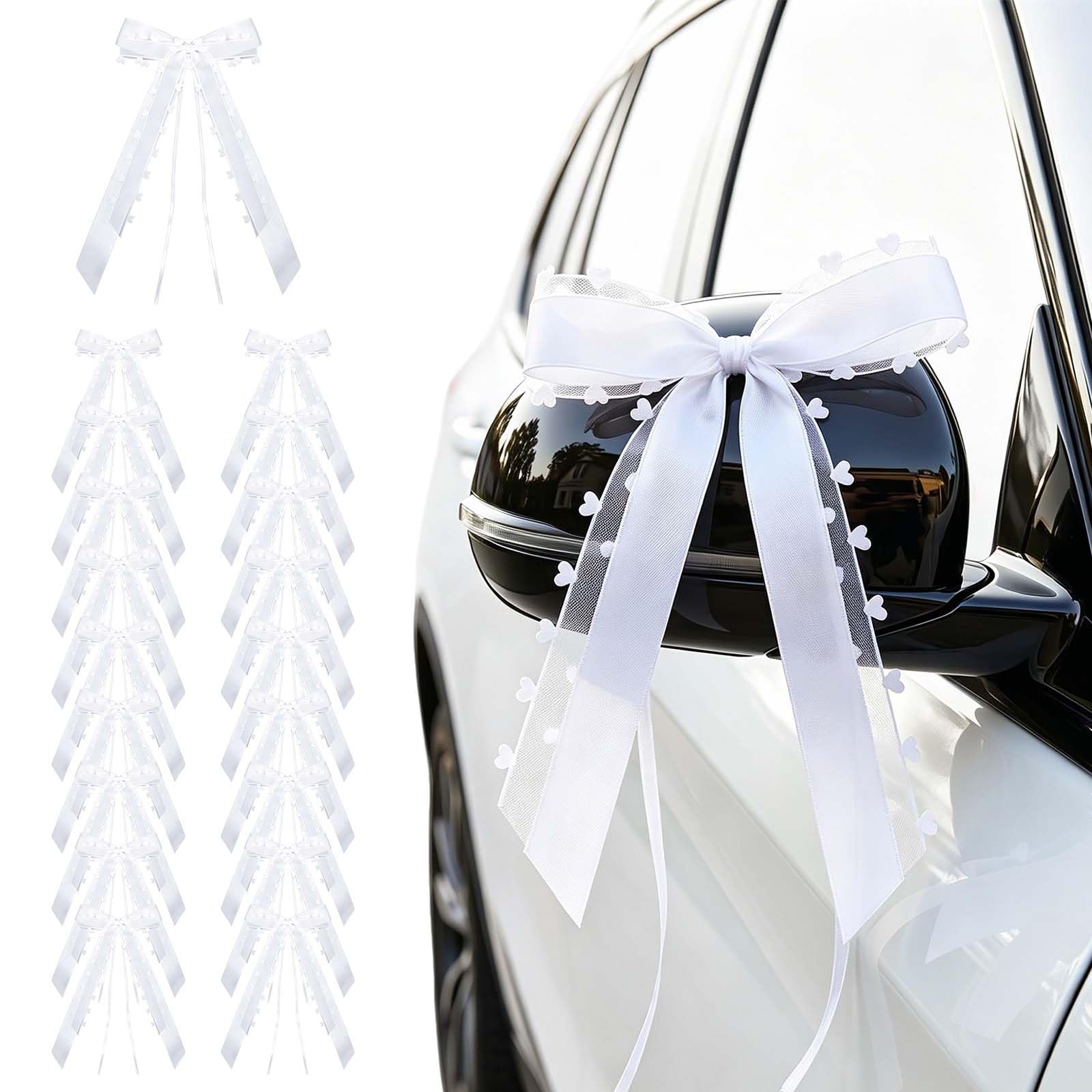 20 Pièces de Noeud Voiture Mariage Fait à la Main en Ruban de Satin avec Cœurs Blanc - Décoration Polyvalente pour Mariages, Anniversaires, Fêtes et Événements Spéciaux, 25 * 13cm
