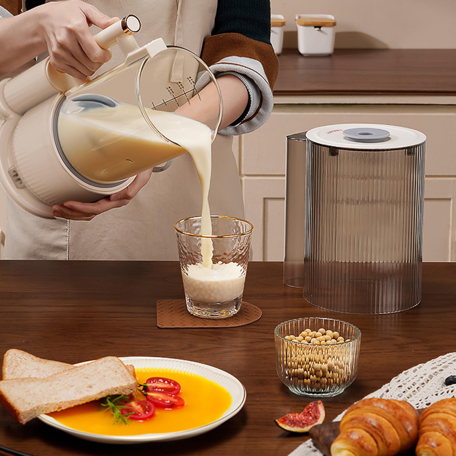 Sojamilchbereiter, 1,5 L Nussmilchbereiter mit 12 Edelstahlklingen, Verzögerungsstart, Kochen, Warmhalten, Automatische Reinigung, Mixer für Mandeln, Hafer, Kokosnuss (EU-Stecker 220 V)