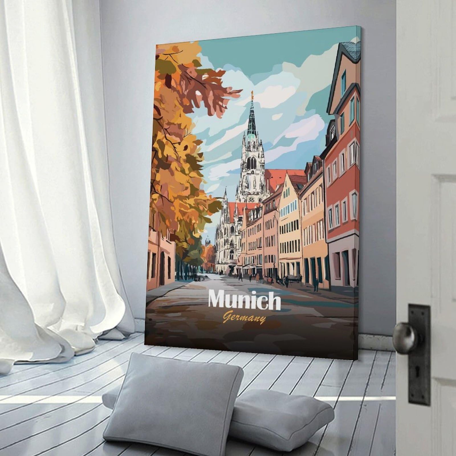 Junmoney Munich Cityscape Illustration Decorative Canvas Print, 24x36inch(60x90cm), for Gallery Wall Decor And Room Displays, Wall Decor Suited to Curated Displays