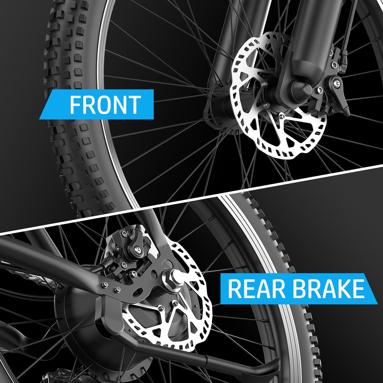 Крупним планом view of the front and rear disc brake systems on the ASKGO Electric Bike, highlighting the rotors and calipers.