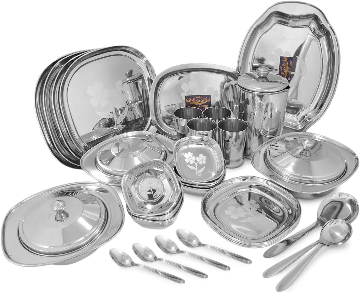 Laser Stainless Steel Dinner Set, 52 Piece, Square, Silver