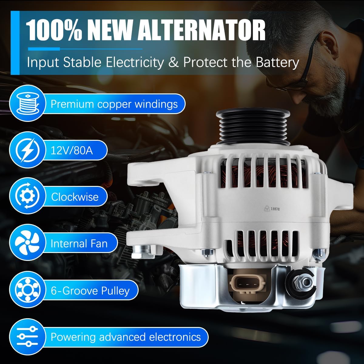 Alternator 13878 Fit for Toyota Corolla, Matrix 2003-2008, Celica 2000-2005, Pontiac Vibe 1.8L Automotive Replacement Alternators 27060-22040 102211-1920 27060-0D110 13878N