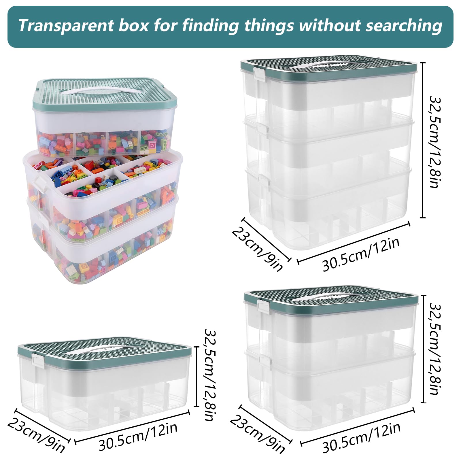 JMIATRY Aufbewahrungsboxen mit Deckel 30.5x23x32.5 cm, 3 Stufen Boxen Aufbewahrung Transparent Sortierbox Stapelboxen, Ordnungsboxen für Bausteine und Puzzle