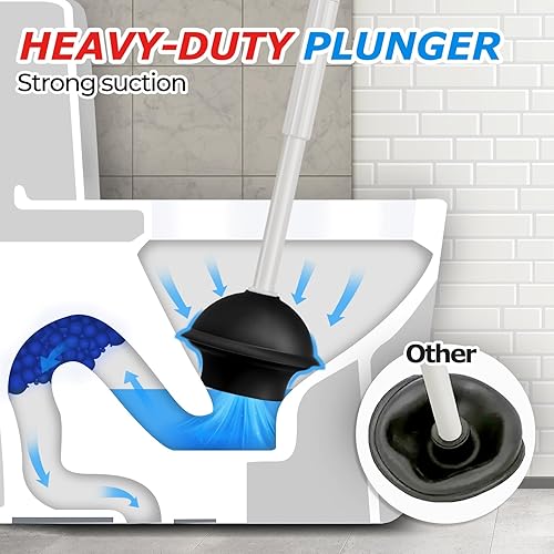 Vista 9 de FORASTO- Juego de desatascador y cepillo para inodoro 2 en 1, desatascador con mango alargado, herramientas de limpieza para baño, suministros