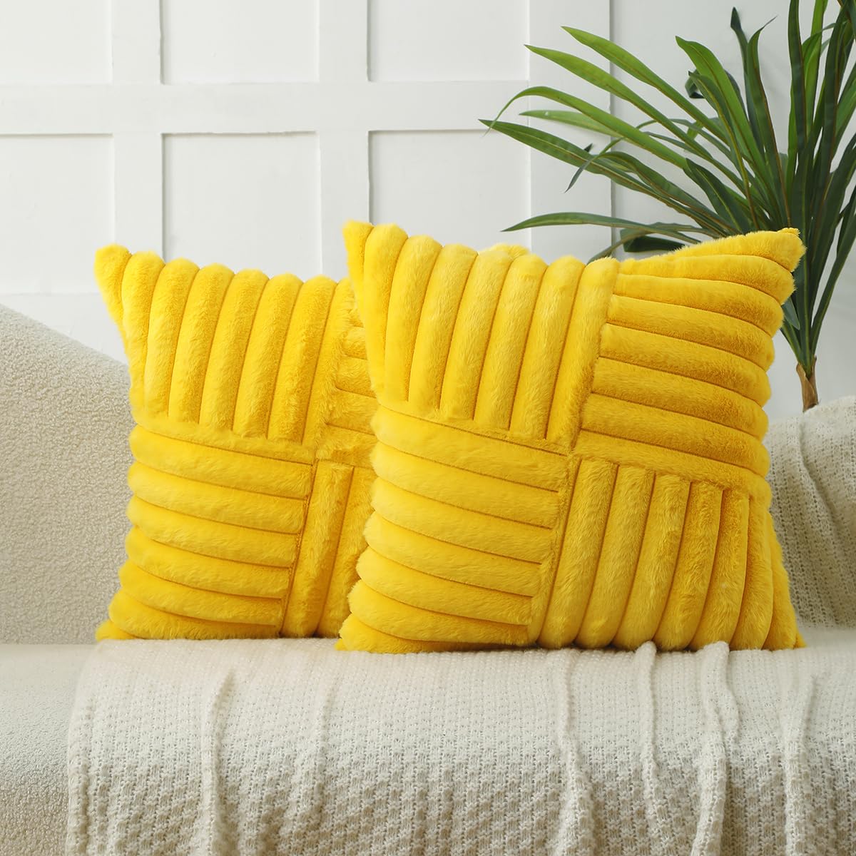 All Smiles Yellow Faux Fur Decorative Throw Pillow Covers 18x18 Set of 2 — image 1