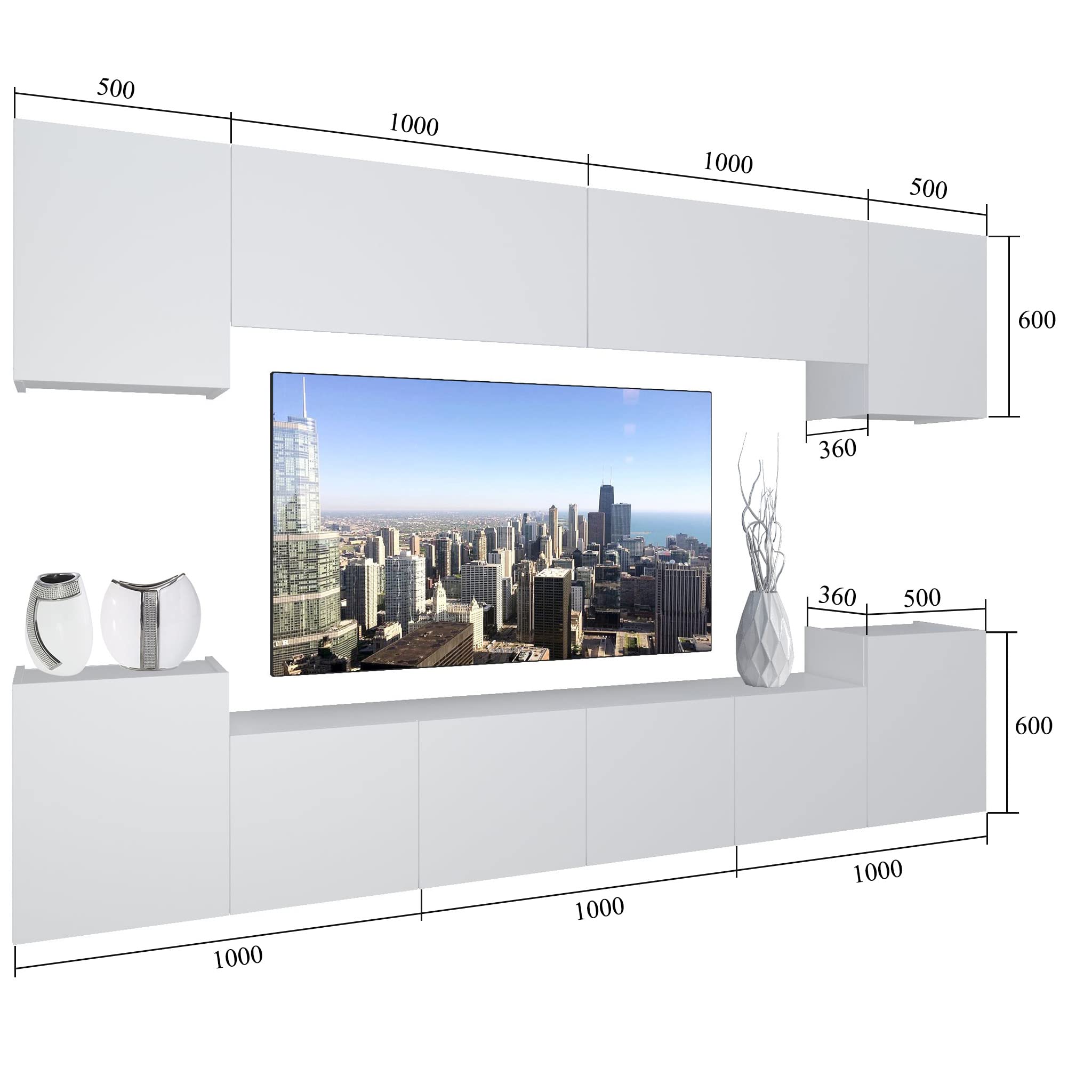 BELINI - Unité Murale TV NEX I Ensemble Muebles de Salon Complet I Ensemble Meuble TV avec Illumination LED I Dimensions: 300 x 180 x 36 cm I Coleur: Blanc très Brillant