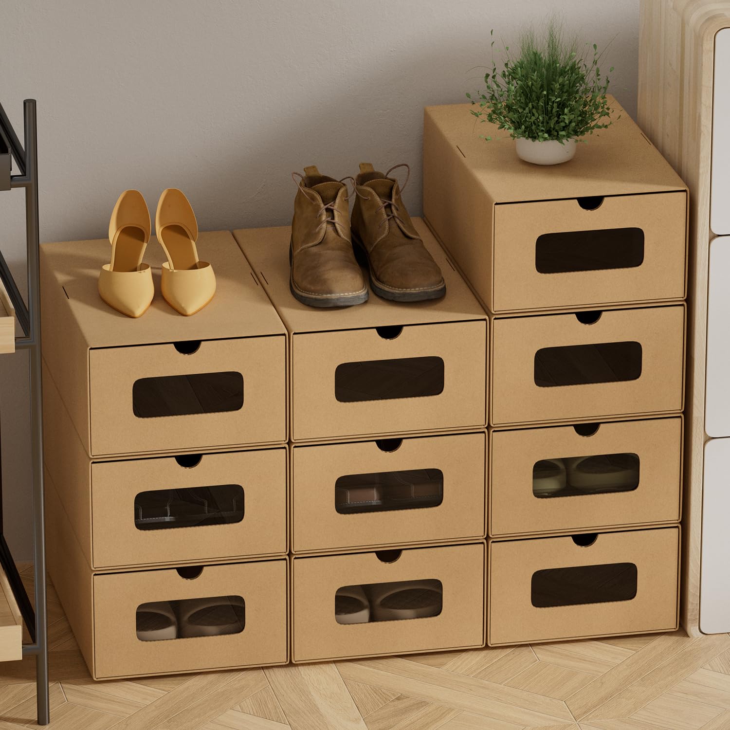 35×23×13 cm - 20x Schuhaufbewahrung Reinbraun mit Sichtfenster – Faltbare Schuhbox aus Kraftpapier, Stapelbar, Schuhkarton Schublade Aufbewahrungsbox Pappe für bis Größe 45