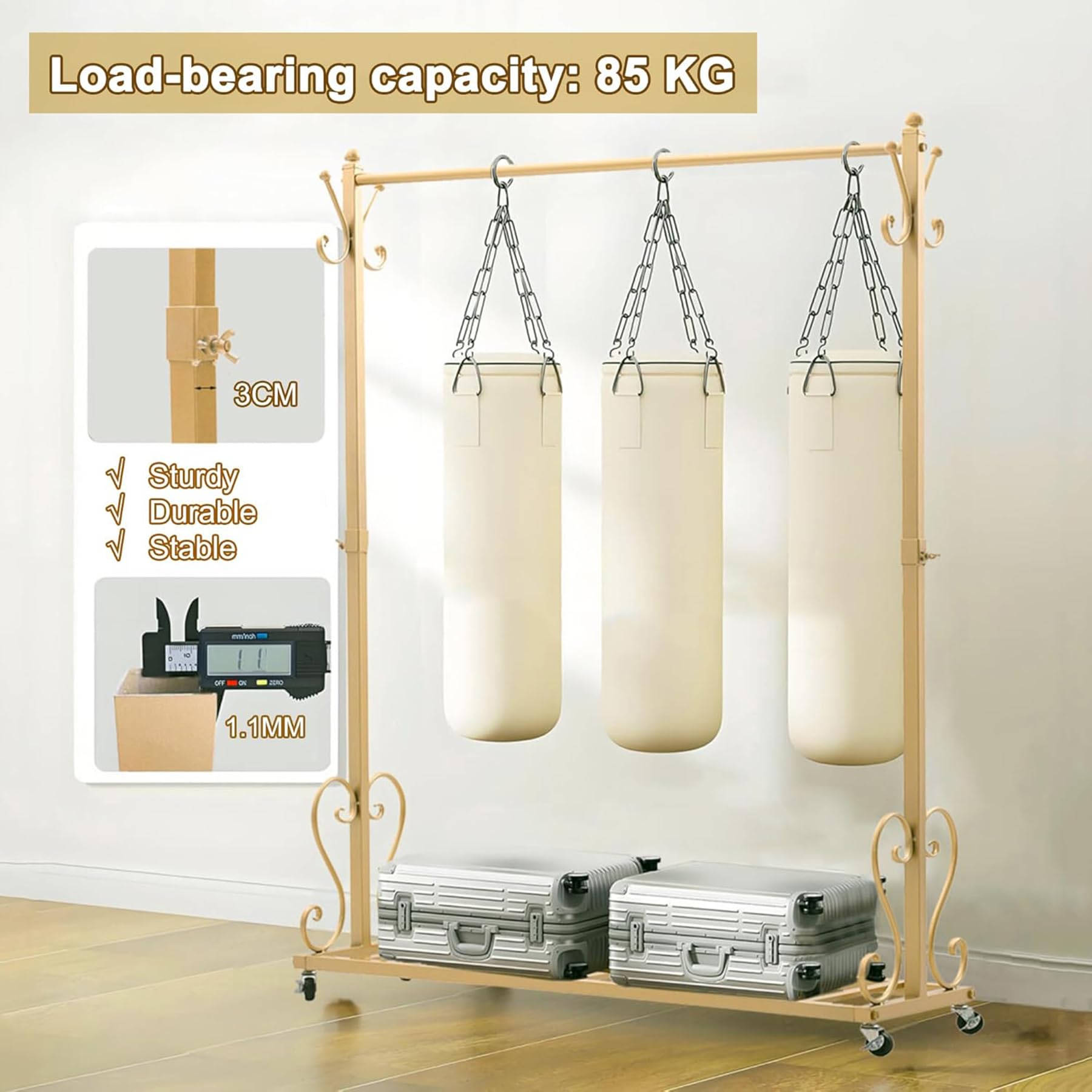 Kleiderständer aus Metall mit Rädern, freistehender Garderobenständer, Wäscheständer für den Innenbereich, multifunktionaler Kleiderbügel für Schlafzimmer, Eingang, Gold (Gold/120×180CM)