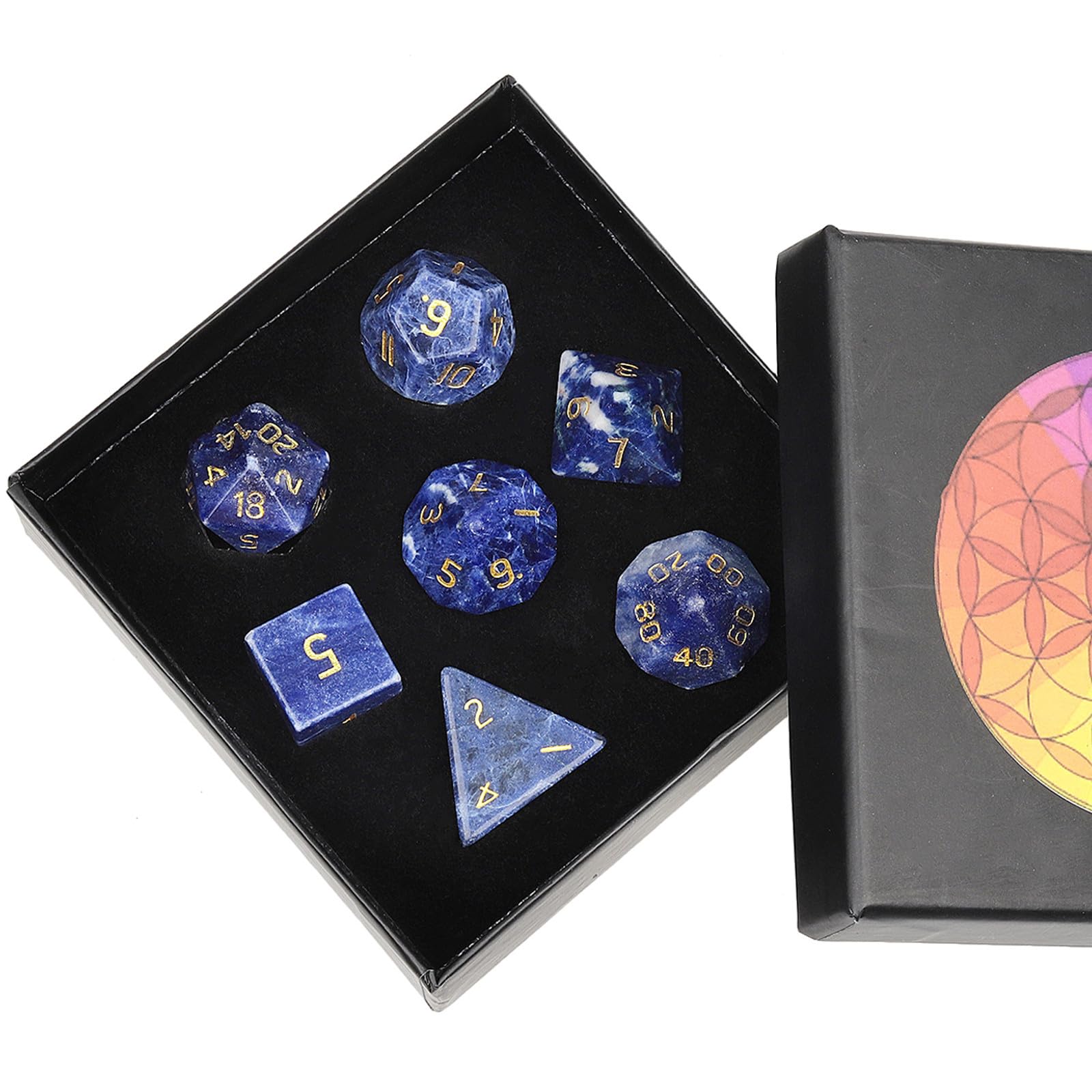 Nupuyai 7pcs Sodalite Crystal Polyhedral DND Dice Set for RPG MTG Table Games, Polished Tumbled Stones Dices with Box for Home Decor