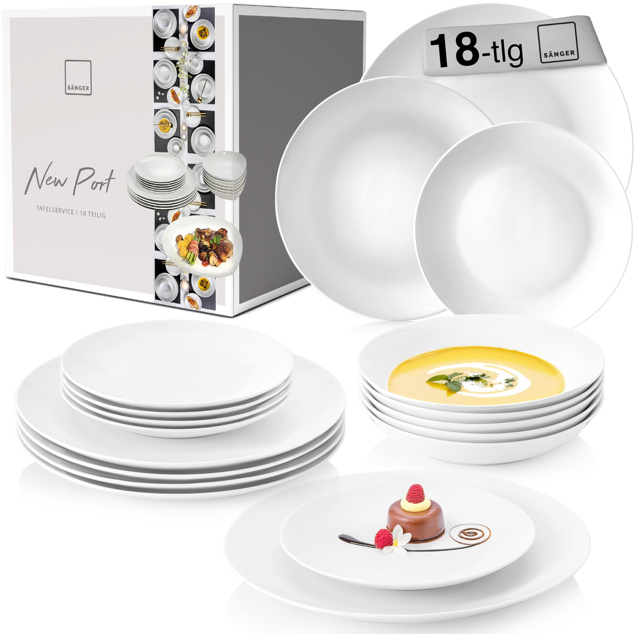 SÄNGER | Tafelservice New Port weiß, 18-teiliges Geschirrset für 6 Personen aus Porzellan, Hochzeitsteller, Speiseteller, Suppenteller | PREMIUM COLLECTION