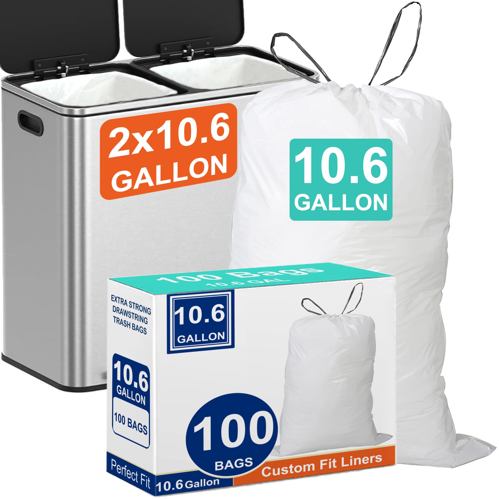 Photo 1 of 10.6 Gallon 100 Count for Dual Compartment Trash Can (2 x 10.6 Gallon) Trash Bags with Ultra-Strong Drawstring Heavy Duty 1.2 Mil Pre-Separated Tear & Leak Resistant PERFECT FIT & GRAND SAVE!