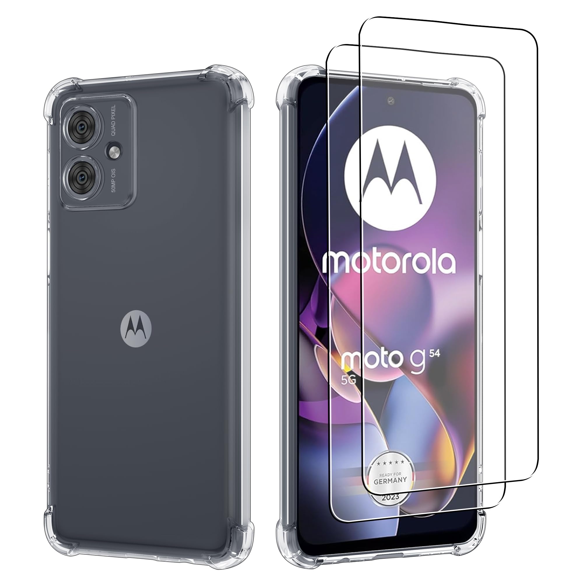 iCatchyCase for Motorola Moto G54 5G Phone, Shockproof Transparent Anti-Scratch Bumper Back Cover with 2-Pack Tempered Glass Screen Protector (Clear)