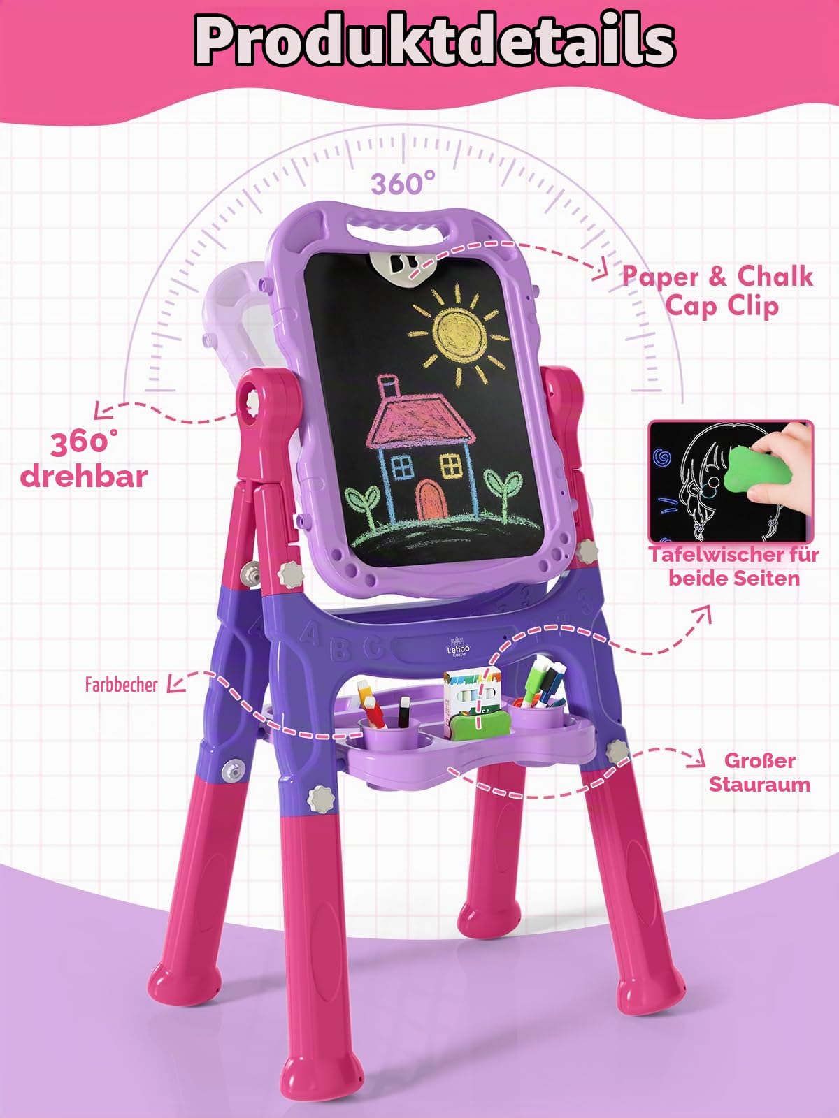 Lehoo Castle Staffelei Kinder, Spielzeug für ab 3 Jahre Mädchen(Lila) | Kindertafel mit Kreidetafel & Whiteboard, Höhenverstellbar, Painting Board Lernspielzeug für 2 3 4 5 6 Jahre Baby Kinder