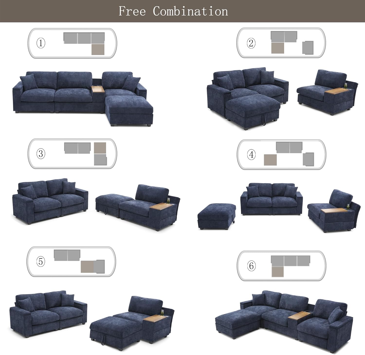 120.3" Modular Sectional Sofa, Oversized Comfy Cloud Couch, 4 Seater L Shaped Couch with Storage Armrest, Ottoman, USB Ports, Cup Holder, Table, Modern Linen Couches for Living Room, Dark Blue