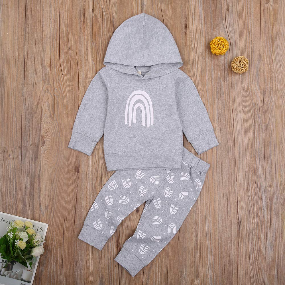 Newborn Baby Girl Clothes Long Sleeve Hooded Sweater Rainbow Outfits Infant Toddler Baby Pants Set (Gray,2-3 Years)