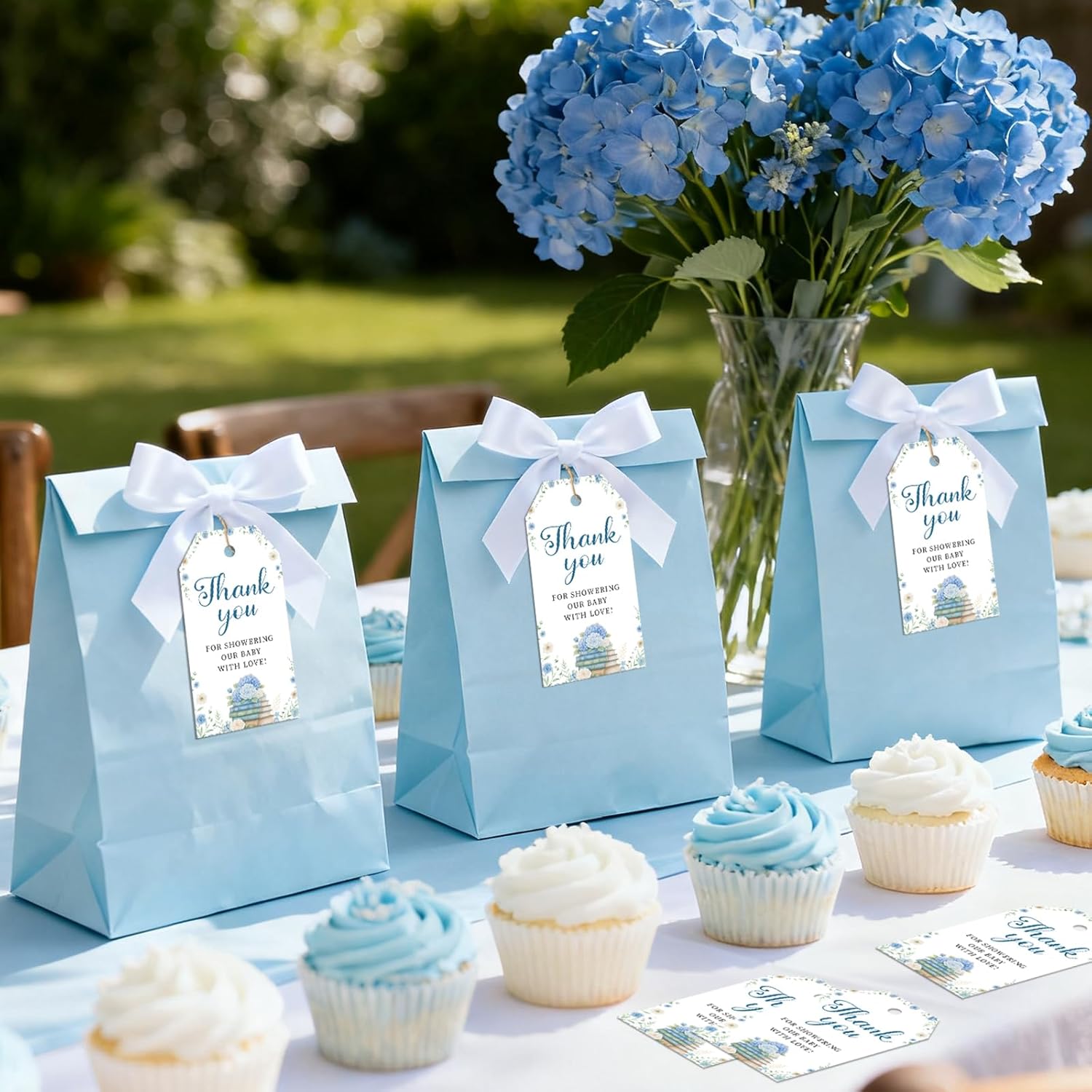 50Pcs Storybook Themed Thank You Tags A New Chapter Begins Baby Shower Party Favors Blue Floral Thank You for Showering Our Baby with Love Gift Tags for Book Reading Baby Shower Party Decors Favors - Image 3