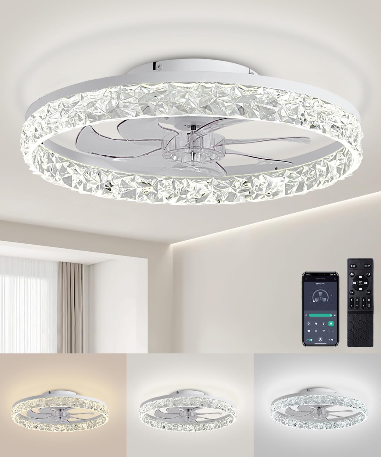 AQUBT Ceiling Fans with Lights and Remote, 19.7" Low Profile Ceiling Fan with Light, 3000-6500K Dimmable，Stepless Color Temperature Change and 6 Speeds for Bedroom, Kids Room and Living Room (White)