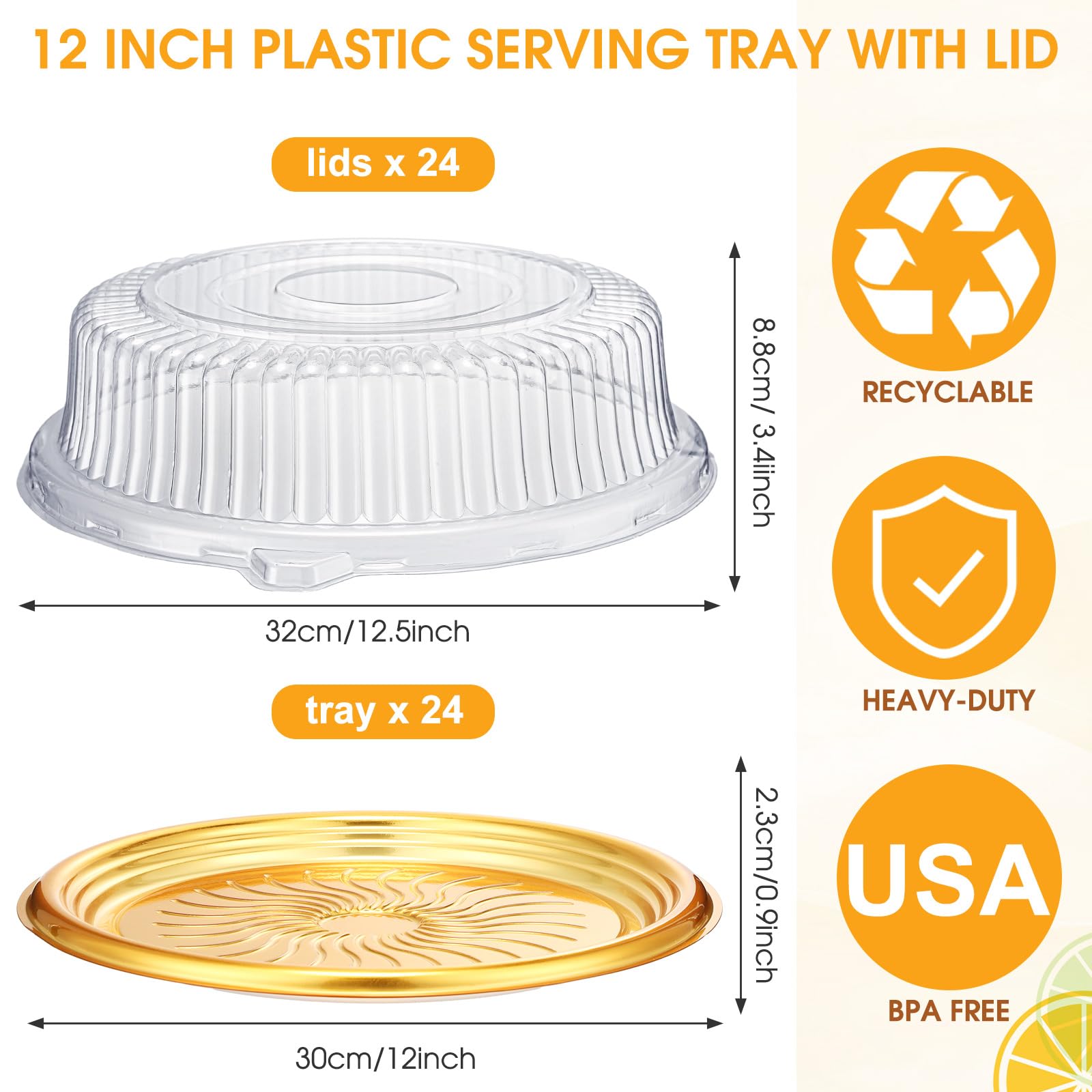 Maxcheck 24 Pack 12 Inch Heavy Duty Serving Tray with Clear Lid, Large Gold Serving Trays Elegant Platter, Disposable Round Catering Trays for Fruit Sandwich Party Takeout Food Picnic