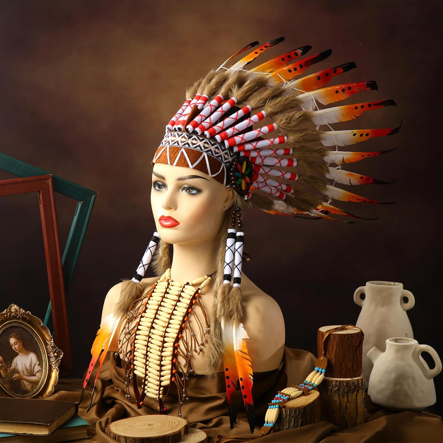 Xtinmee 3 Pcs Halloween Native Costume Accessories Set Native Feather Headdress traditional American Choker Necklace and Beaded Breastplate for Halloween Party Cosplay Costume Accessories - Image 4