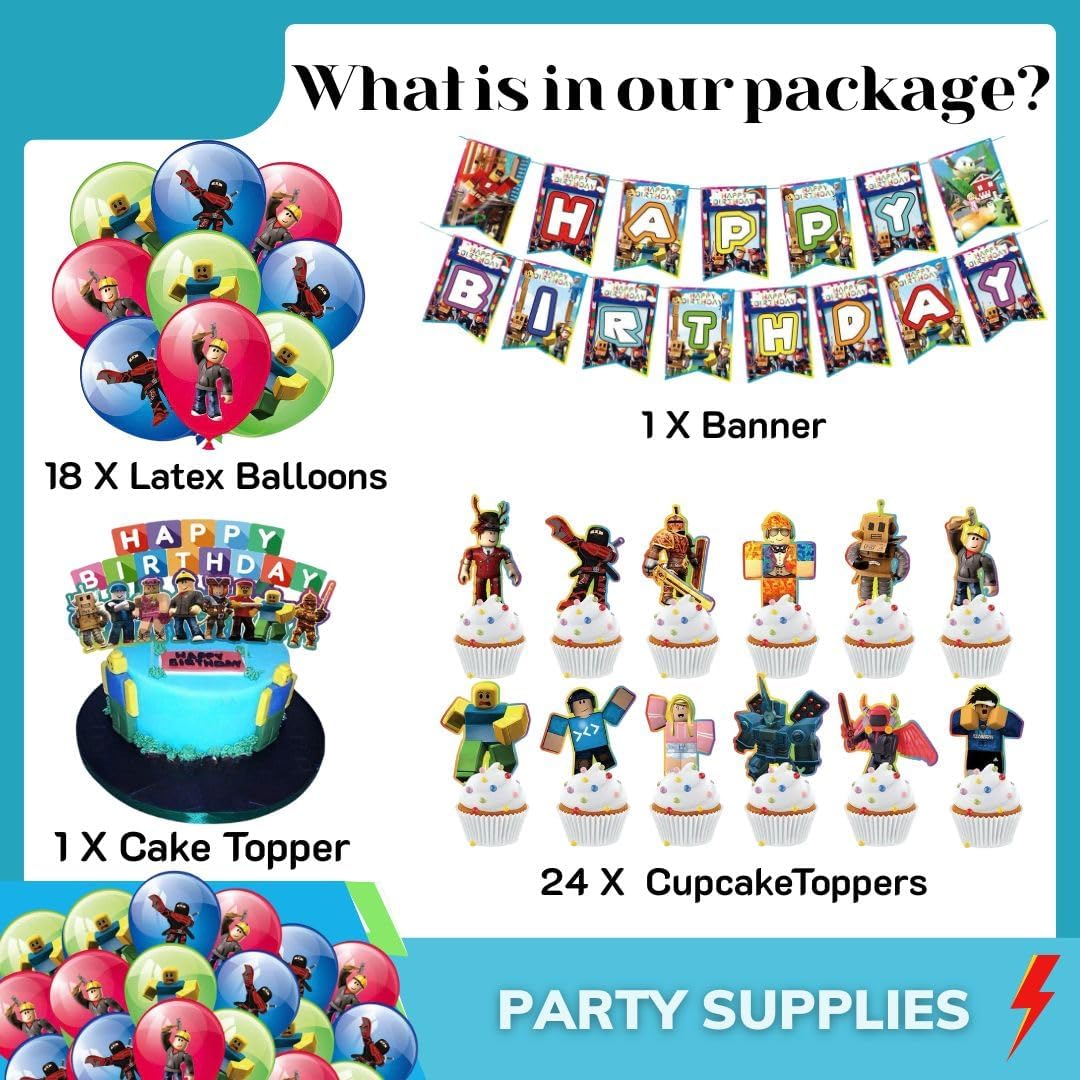 58 Pcs Game Party Decorations, Cute Game Cartoon Birthday Decorations, Set Birthday Party With Banner, Latex Balloon, Cake Topper and Cupcake Topper
