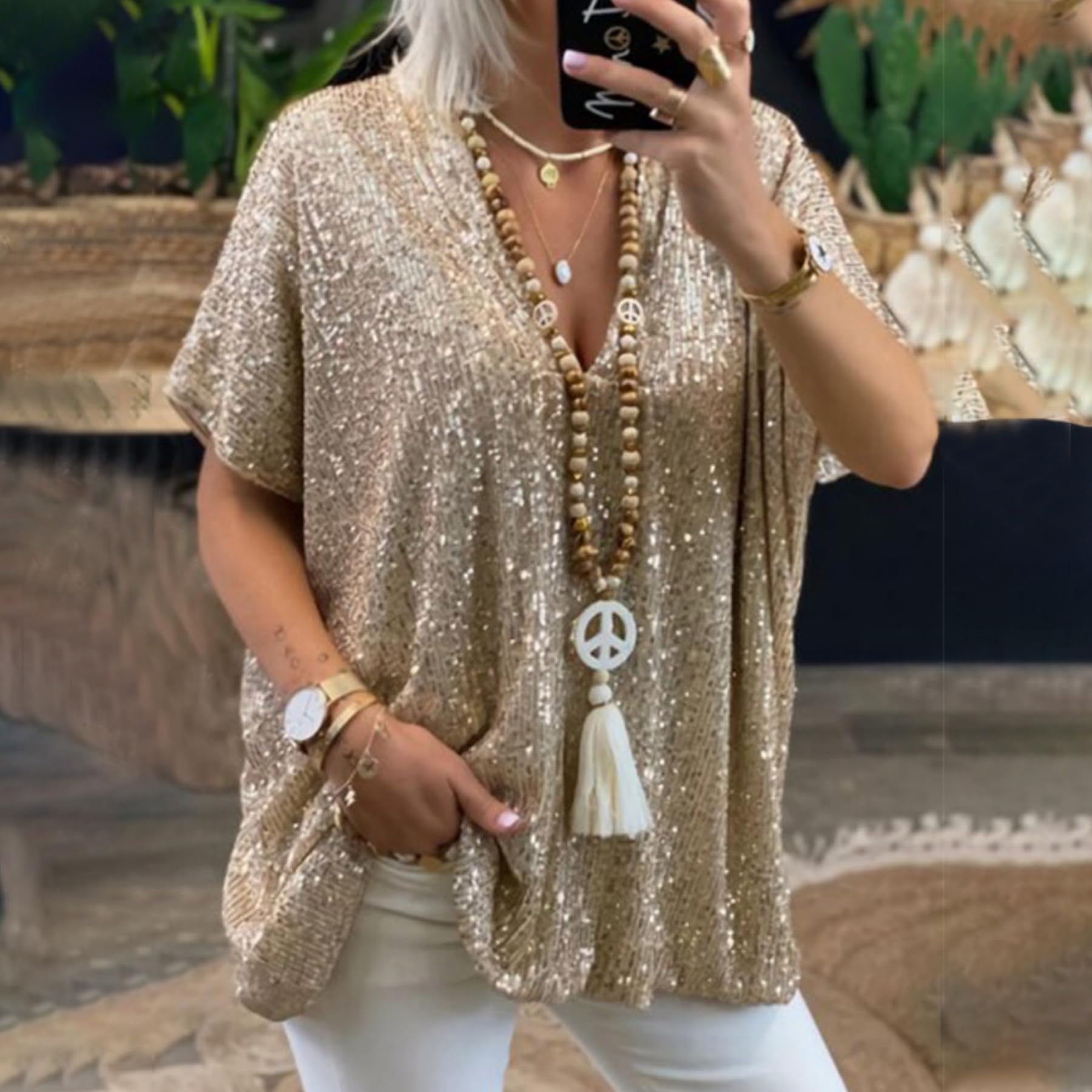 Chemisier à paillettes pour femme avec col en V étincelant et manches courtes