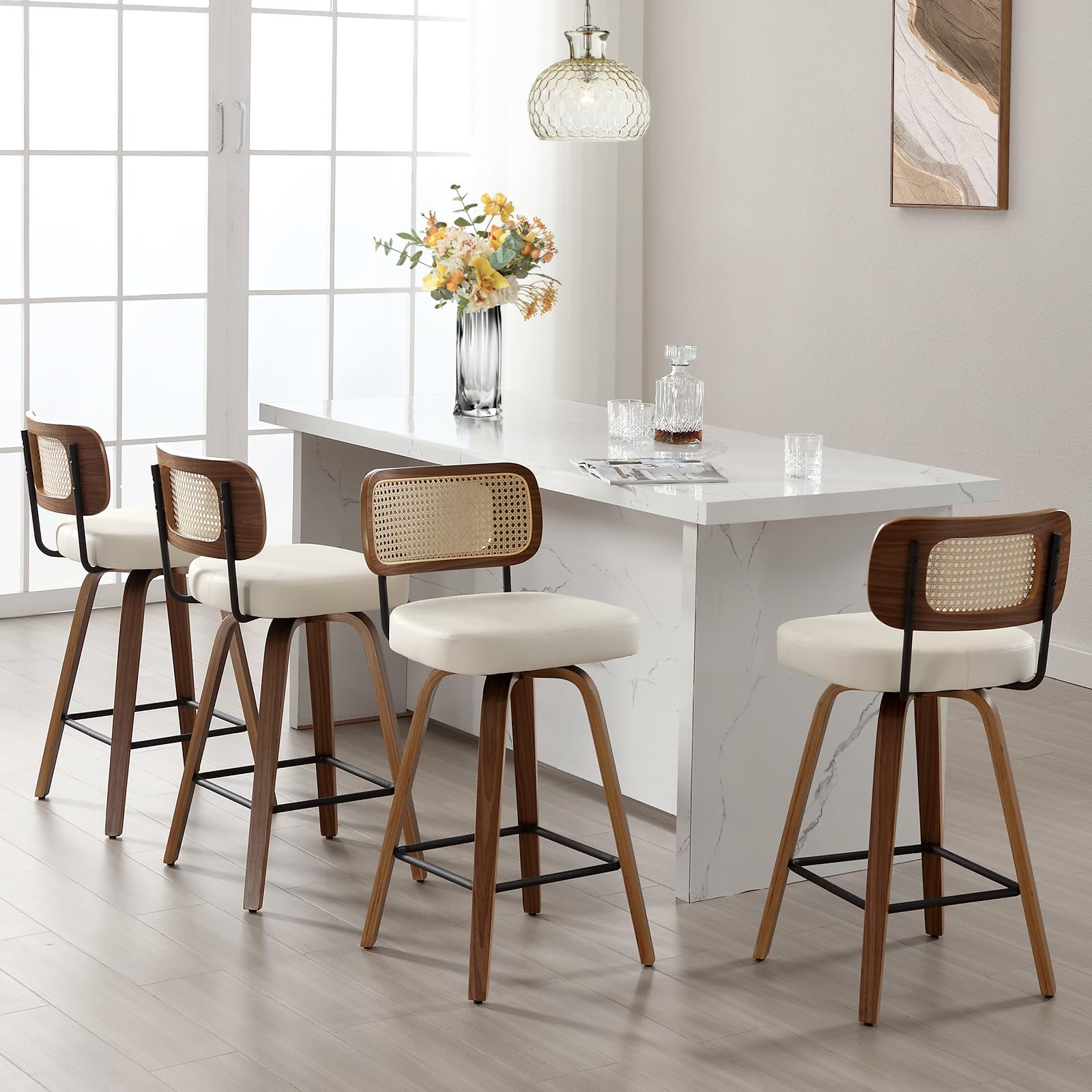 Bekrvio Swivel Counter Height Bar Stools Set of 4, Upholstered Faux Leather Barstools with Rattan Back, 26" Seat Height Bar Chairs for Kitchen Island, Bentwood Wood Frame, Cream White