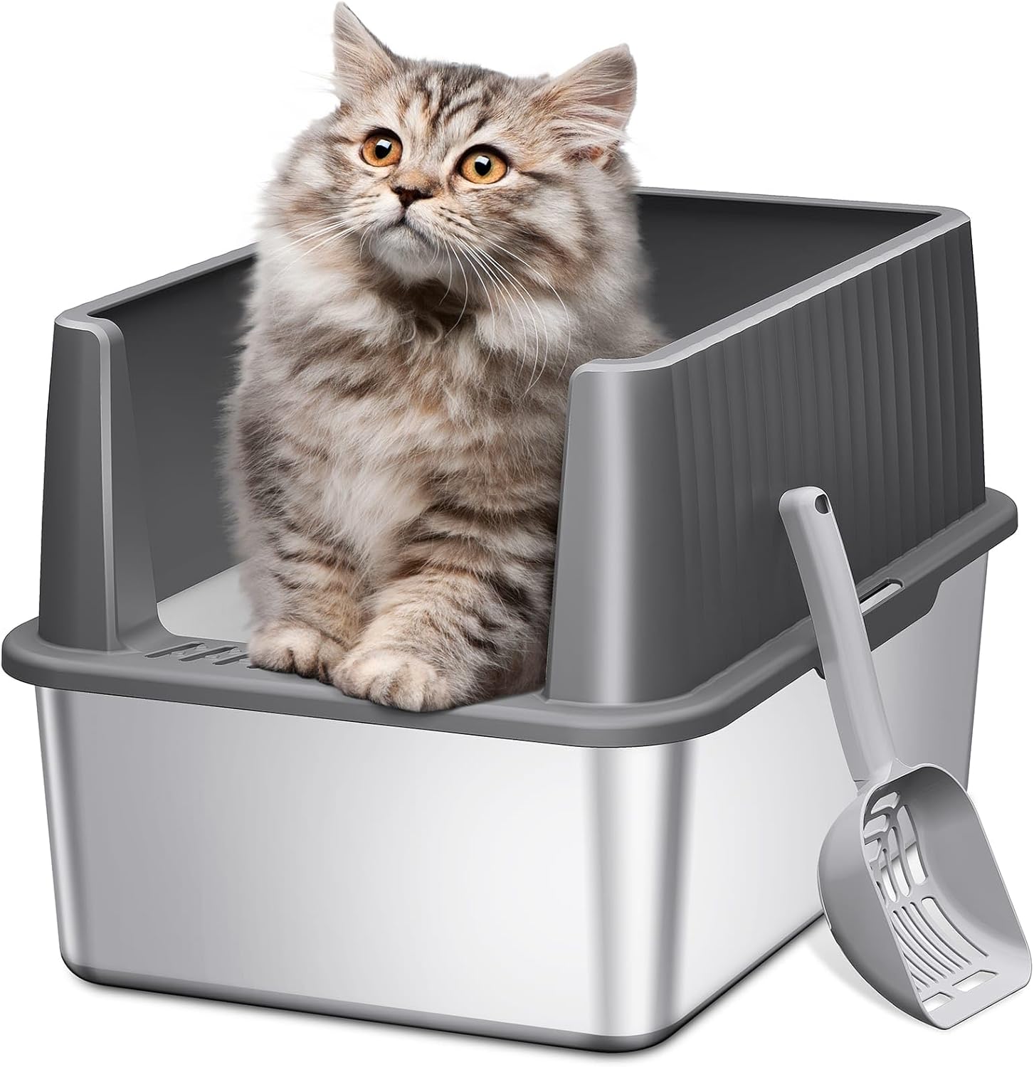 Barhon Stainless Steel Litter Box Small, Kitten Litter Box with High Sides 17.3" L x 13.3" W x 11.8" H, Metal Kitty Litter Box Easy to Clean, Non Sticky Bottom, Odor-Free, Dark Grey
