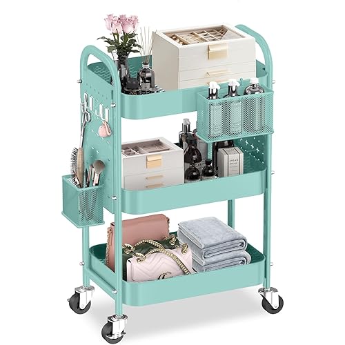 ALVOROG 3 Tier Rolling Cart with DIY Pegboards Metal Utility Cart with Wheels Handles Baskets Hooks, Craft Cart for Office Kitchen Bathroom(Tiffany Blue)