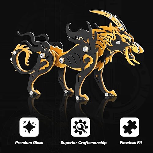 Miniatura 6 de Rompecabezas de metal 3D, rompecabezas de metal 3D para adultos, kit de modelo mecánico Wolf King, negro y naranja, rompecabezas 3D de acero