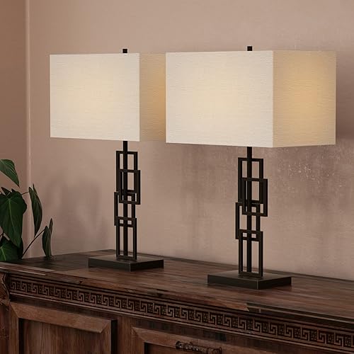 Hykolity Console Table Lamps Set of 2, End Table Nightstand Bedside Light for Living Room Bedroom, 26.5" Side Table Lamp with Oatmeal Fabric Shade, Stacked Rectangle Oil-Rubbed Bronze Metal Base