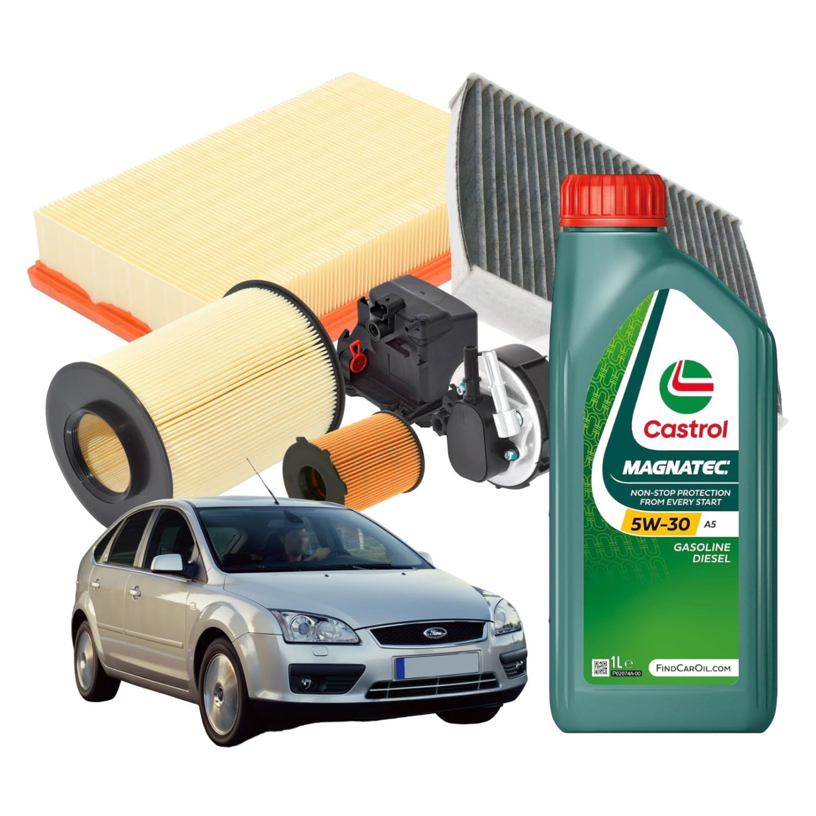 Ricambi Auto SMC Kit Tagliando 4 Filtri + 4 Litri Olio Motore Castrol Magnatec 5W30 A5 per Ford Focus II 1.6 TDCi 90 CV: Filtro Aria, Filtro Olio, Filtro Carburante, Filtro Abitacolo al Carbone Attivo