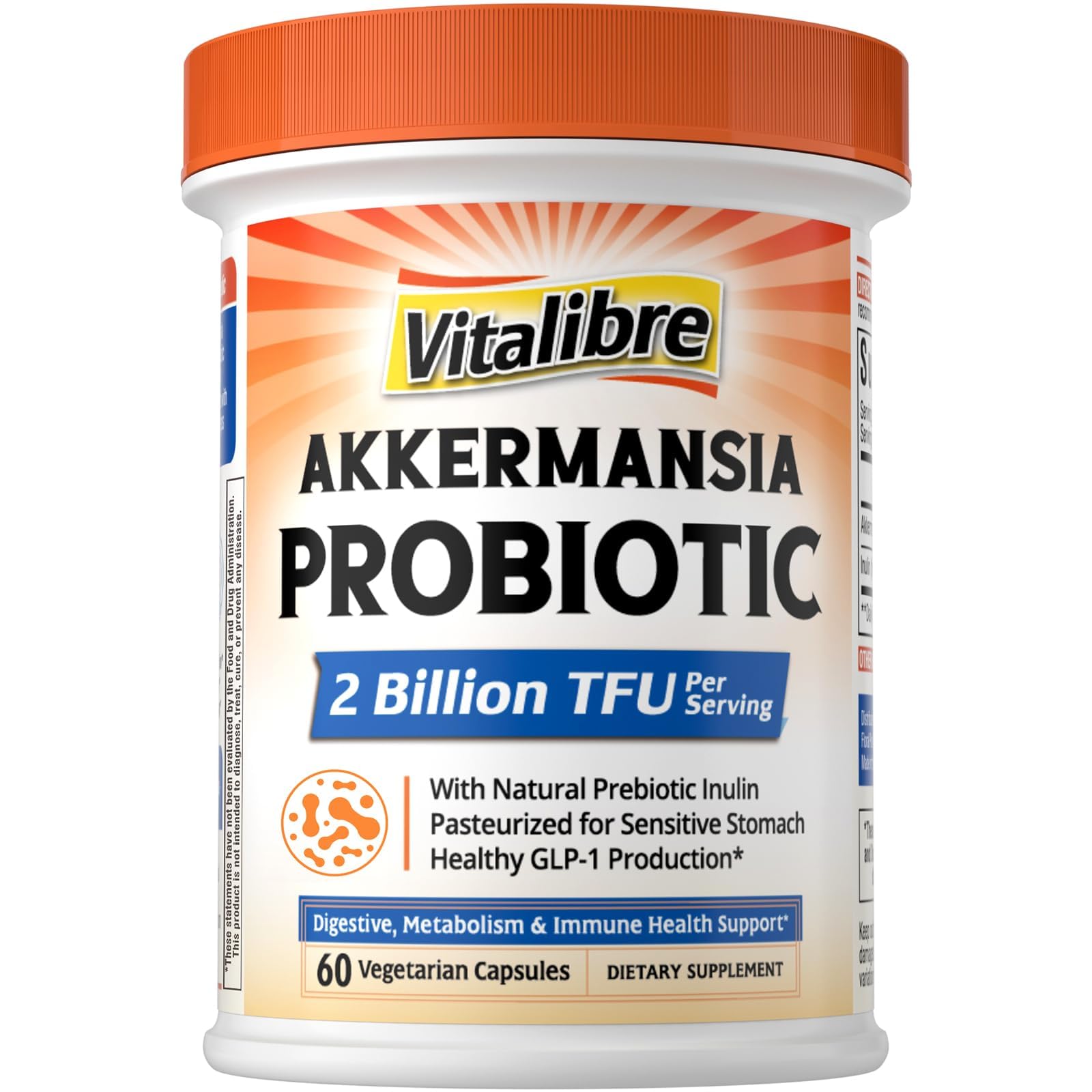 Vitalibre Akkermansia Muciniphila Probiotic, 2 Billion TFU, w/Natural Prebiotic Inulin, Naturally Increases GLP-1, Healthy Digestion &amp; Metabolism, Probiotic Supplement for Women &amp; Men, 60 Capsules