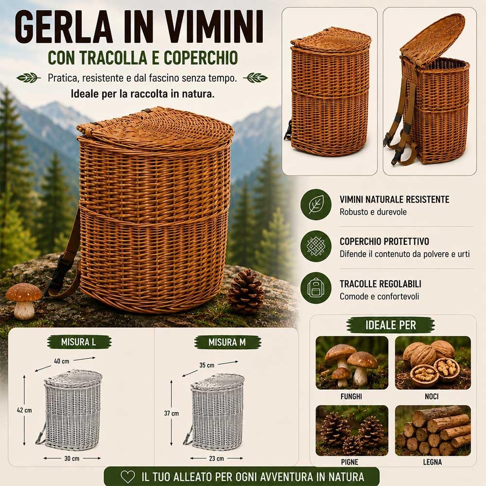 Cesto contenitore cestino in vimini gerla con coperchio e tracolla 35 cm x 23 cm h 37