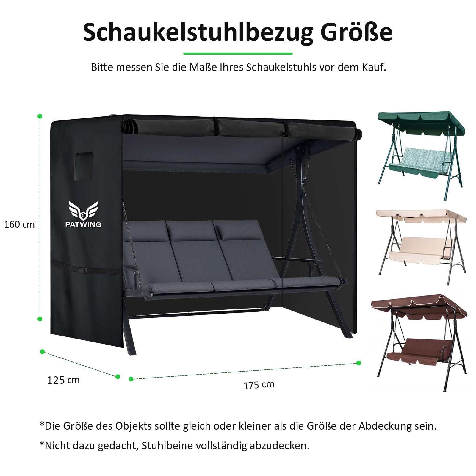 Hollywoodschaukel Abdeckung, 3-4 Sitzer, 175x120x160 cm | 600D Oxford, wasserabweisend, winddicht, reißfest, für Gartenschaukel und Gartenmöbel, Größe 175x120x160 cm