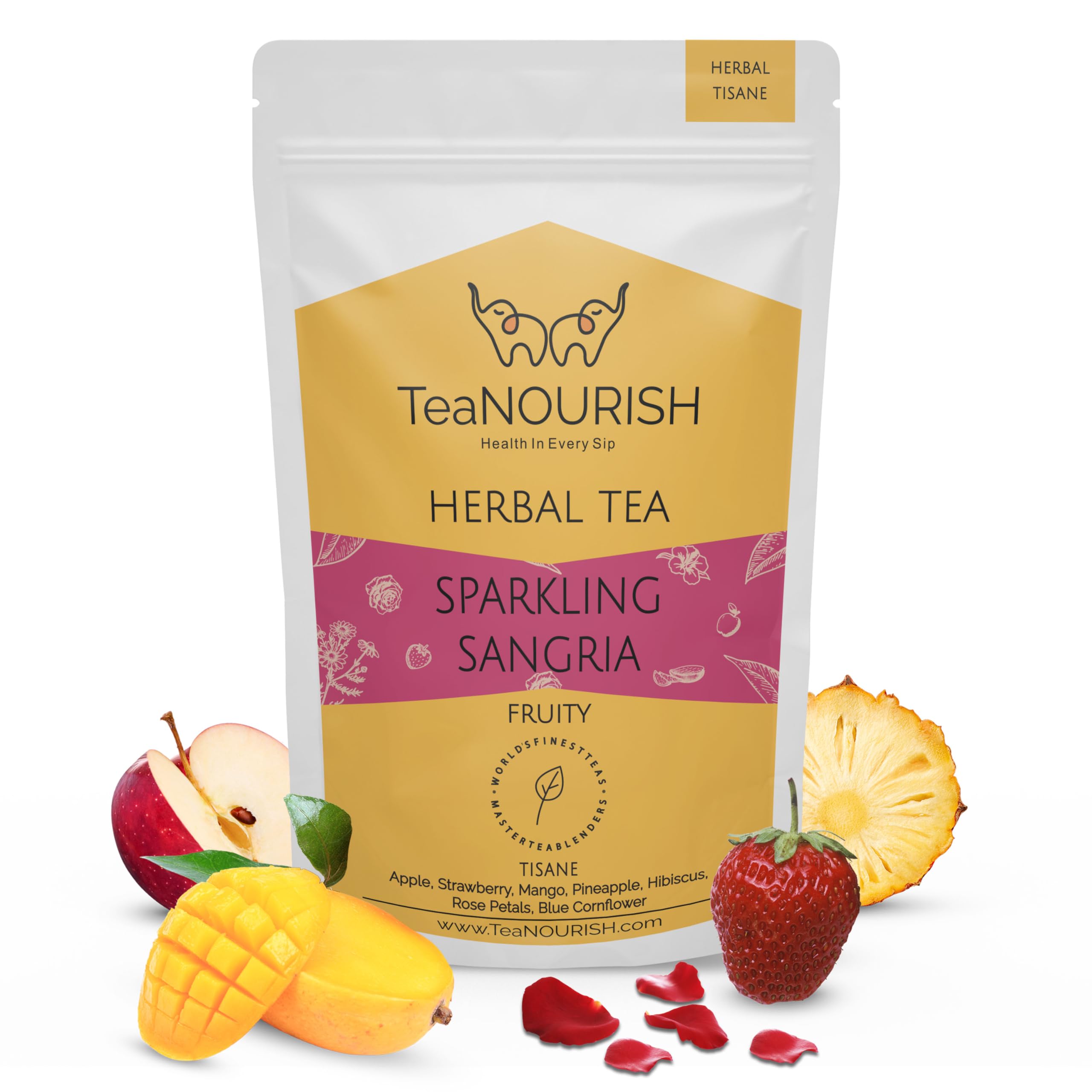 TeaNOURISH Sparkling Sangria | CAFFEINE-FREE Herbal Tea | Refreshing and Fruity | Apple, Strawberry, Mango, Pineapple, Hibiscus | Brew Hot or Iced Tea - 3.53oz/100g