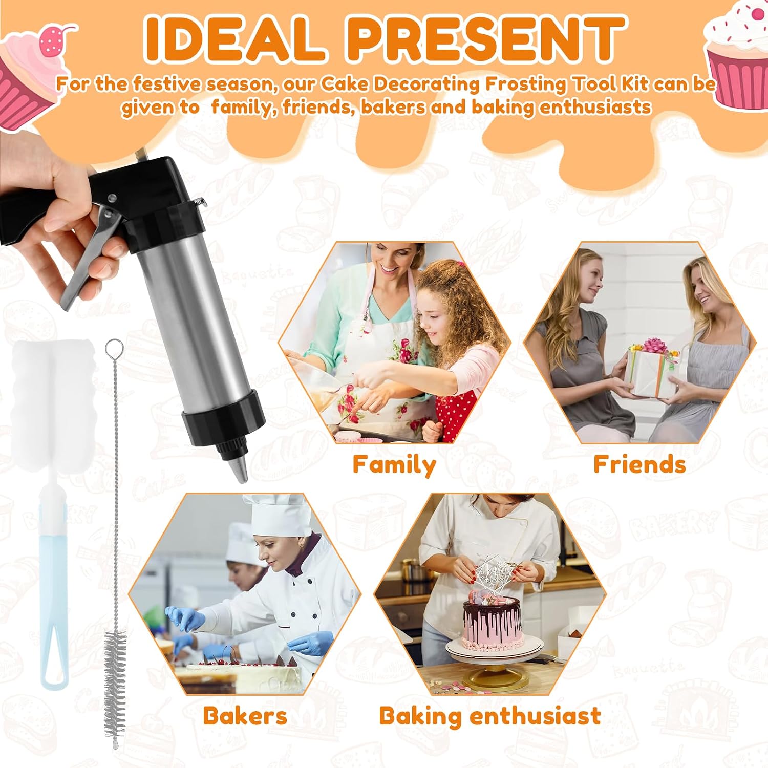 Stainless Steel Churro Maker Machine Kits Including16 Discs Nozzles and 8 Piping Tips,Cleaning Brush,Piping Scissors,Piping Bag-Multipurpose Cookie Press Maker for Churro Cookies Cupcakes