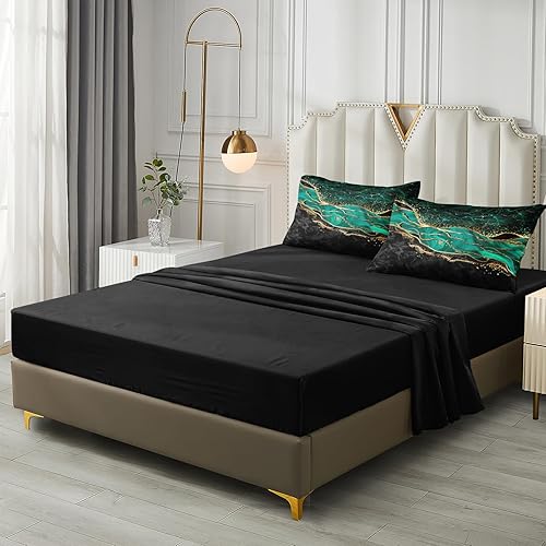 Miniatura 8 de Juego de edredón de mármol verde, edredón verde esmeralda, edredón de mármol negro y dorado, textura abstracta, edredón negro y verde, edredón