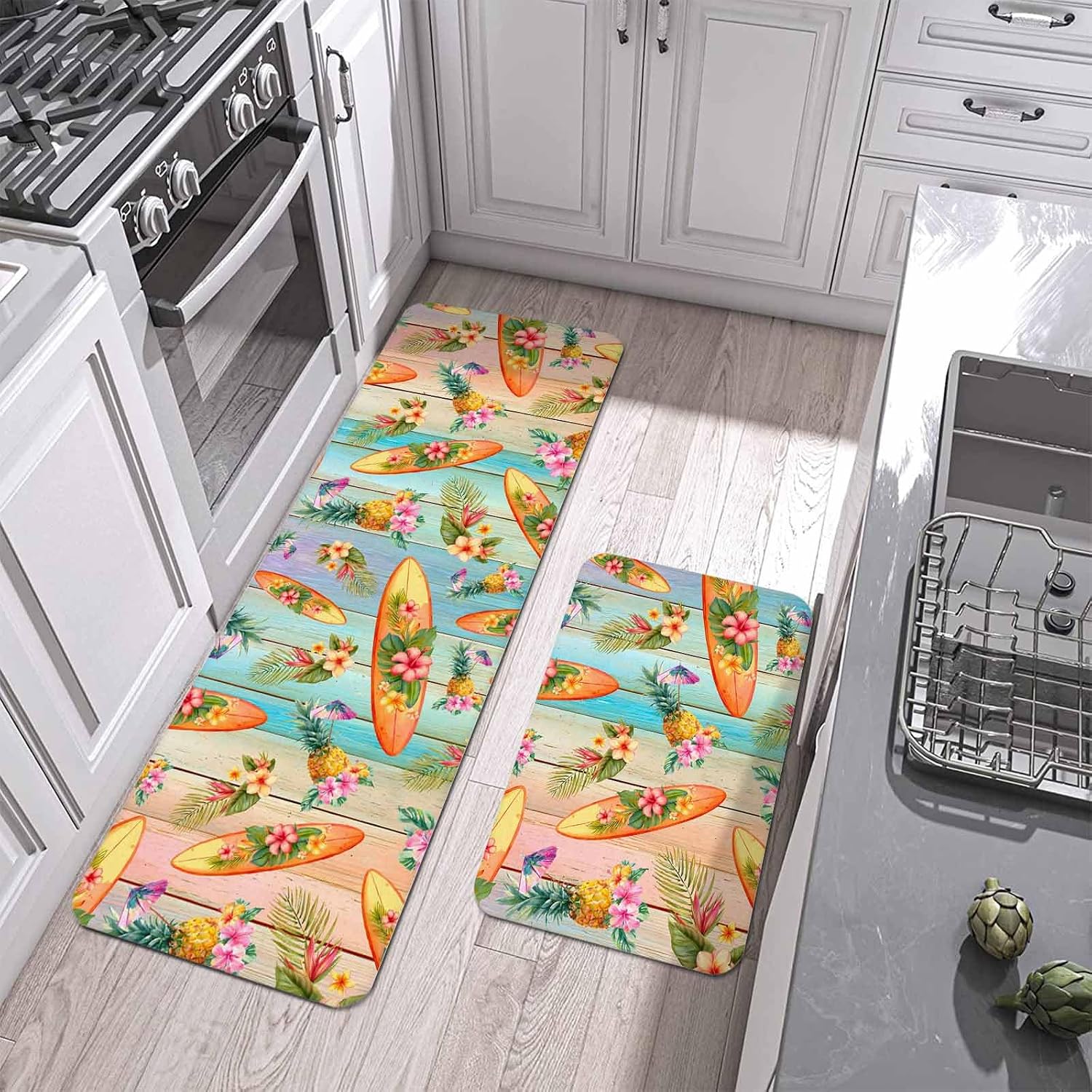 Tropical Plant Kitchen Mat Set 2 Pieces Pineapple Surfboard Pink Flowers Summer Color Wood Striped Non Slip Kitchen Rugs Washable Runner Rug Mats for Sink Laundry (19.7" x 31.5"+19.7" x 63")