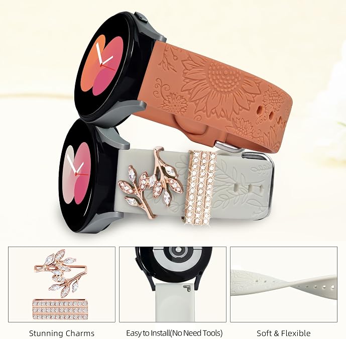 Bands for Samsung Galaxy Watch 7/6/5/4/FE Band 40mm 44mm with Charms, 20mm Women Flower Engraved Silicone Replacement Strap for Galaxy Watch 5 Pro/Watch 3/Galaxy Active 2/Watch 4 Classic