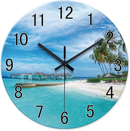 Miniatura 11 de XFM Reloj de pared de playa, silencioso, sin tictac, funciona con pilas, reloj de pared de 12 pulgadas con palmera tropical azul océano azul