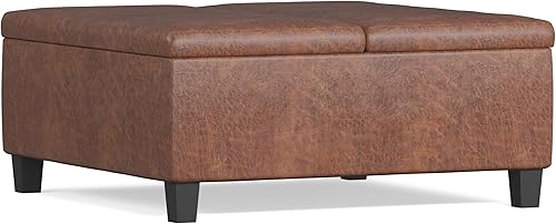 Miniatura 7 de SIMPLIHOME Ellis - Mesa de centro cuadrada contemporánea de 36 pulgadas de ancho, otomana de almacenamiento en silla de montar envejecida, piel