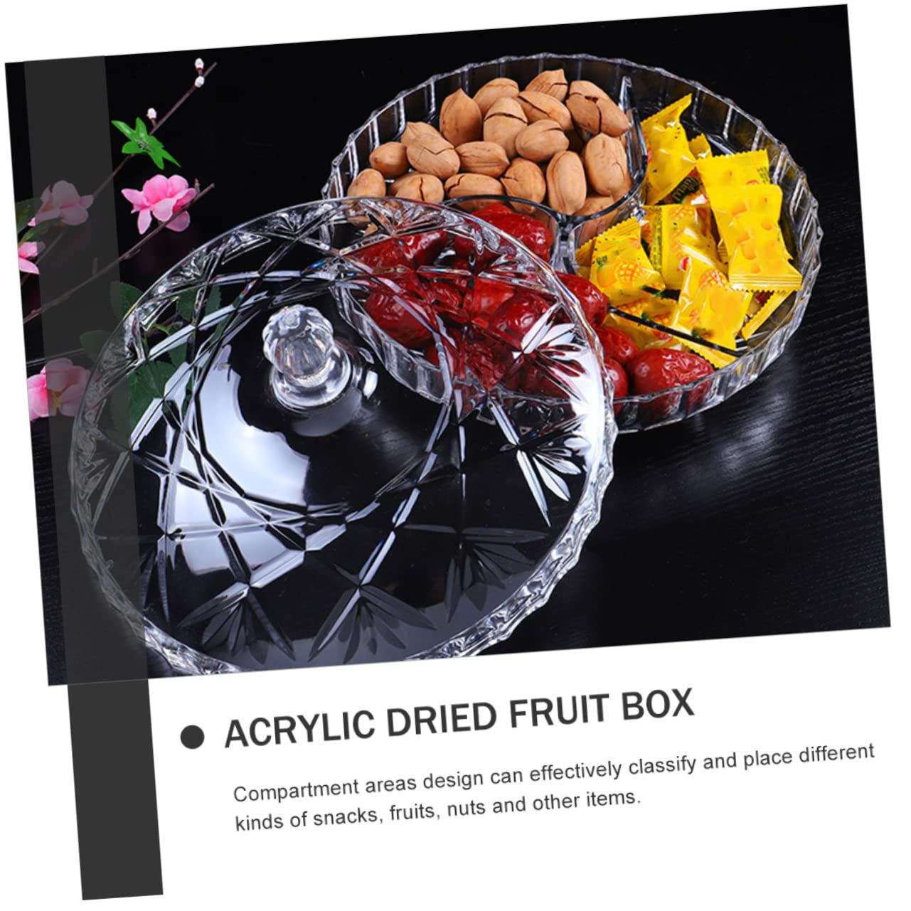 Estuche de Refrigerios Redondo de Acrílico con 3 Compartimentos y Tapa Resistente para Guardar Frutas Secas y Snacks en Fiestas Ocio