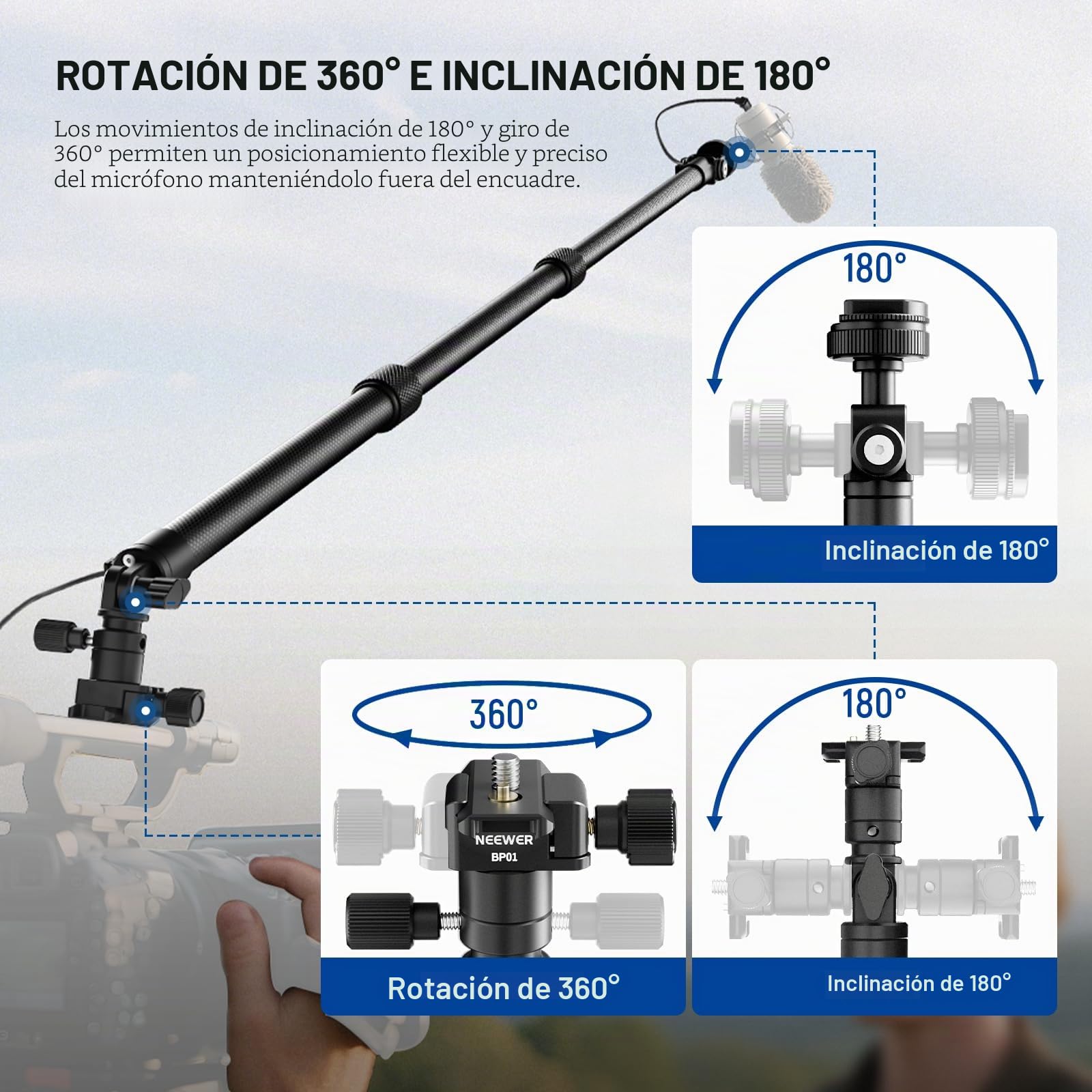 NEEWER Boom Pole Micrófono Fibra Carbono, 44-92cm Extensible, 3,5mm Cable TRS Macho a Hembra Integrado, Clavo NATO, Montaje Zapata Fría, 180° Tilt, Carga Máx 500g para Entrevistas y Cine, BP01