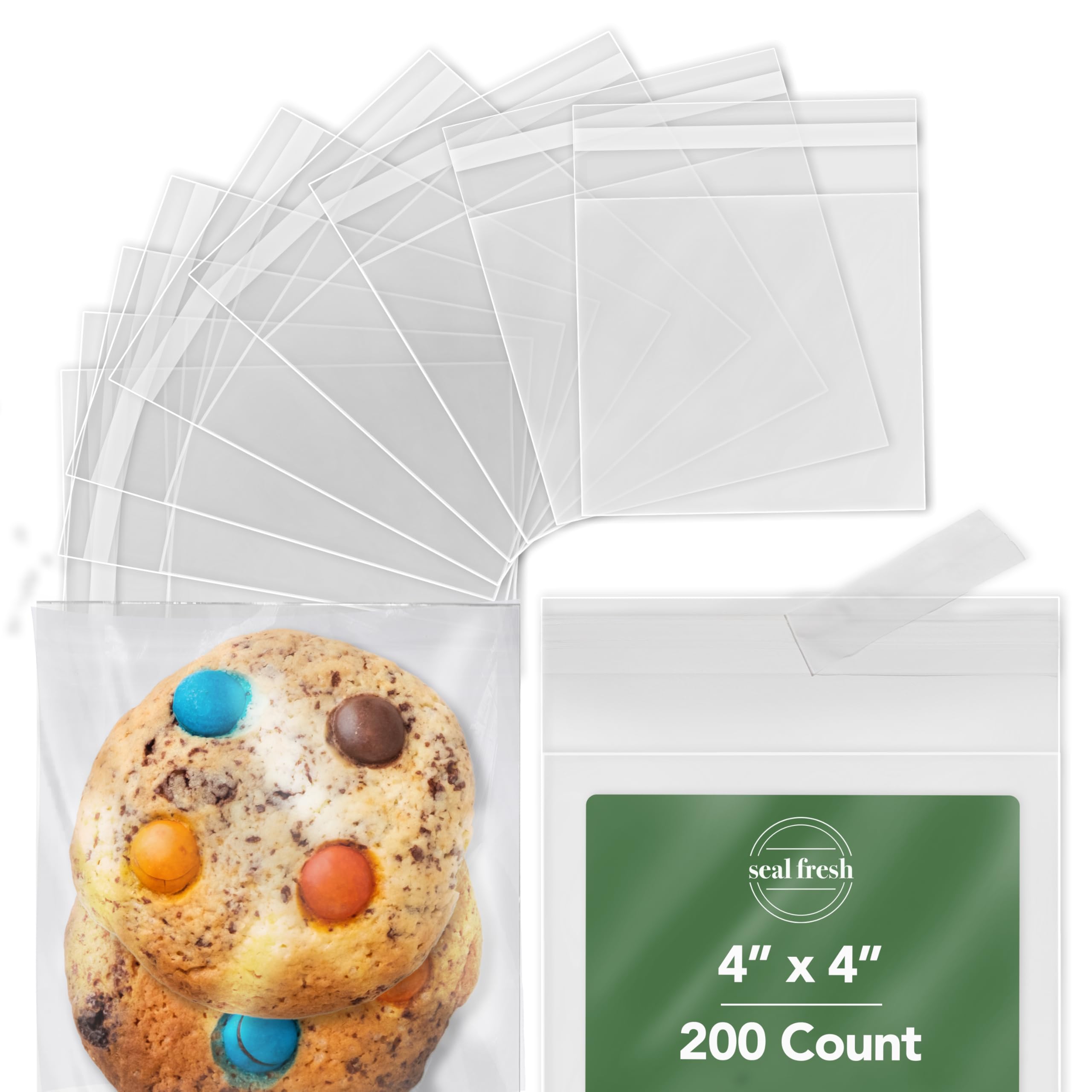 Seal Fresh 4 x 4 Inch Cellophane Bags 200 Pack — Clear Self-Sealing Resealable Treat Bags for Cookies, Candy, Pastries, Party Favors, Square Cello
