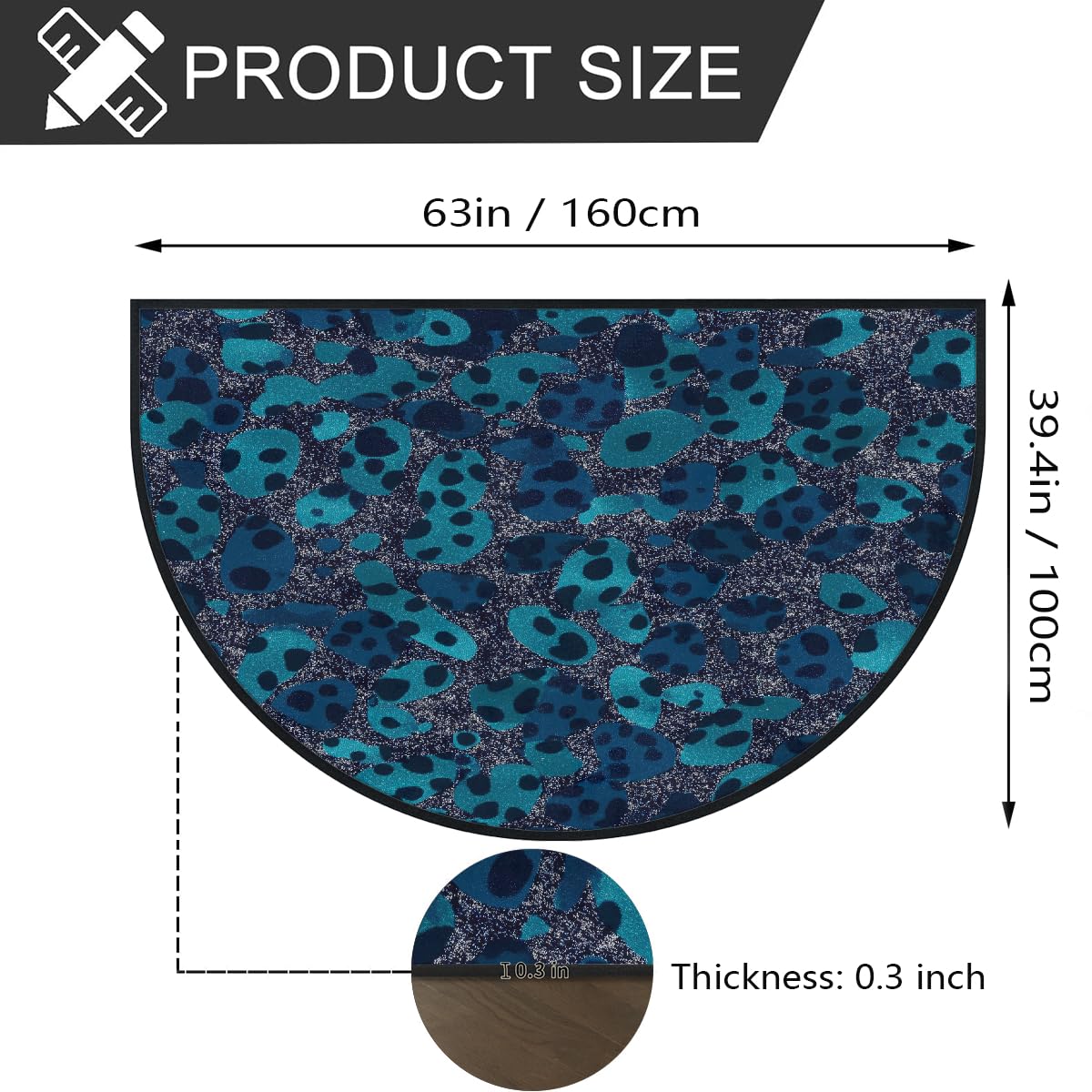 Mexpekil Paillasson demi-lune bleu foncé pailleté pour intérieur et extérieur - Tapis demi rond absorbant la saleté - 100 x 160 cm
