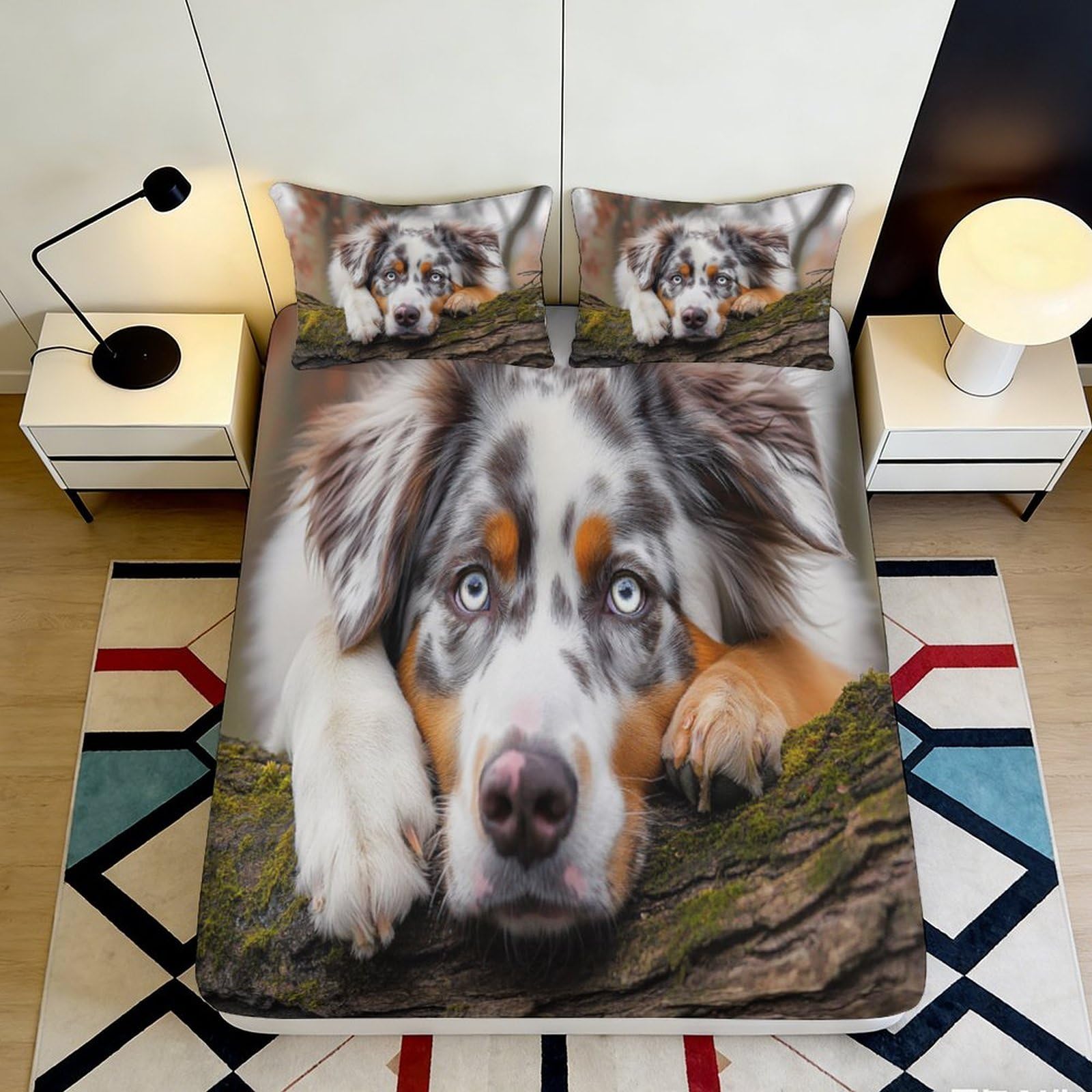 3D Printed Australian Shepherd Dog Fitted Sheet Microfiber Soft Durable Printed Bed Cover for Bedroom Dormitory Guest Room Mattress Protection 120x200x25cm