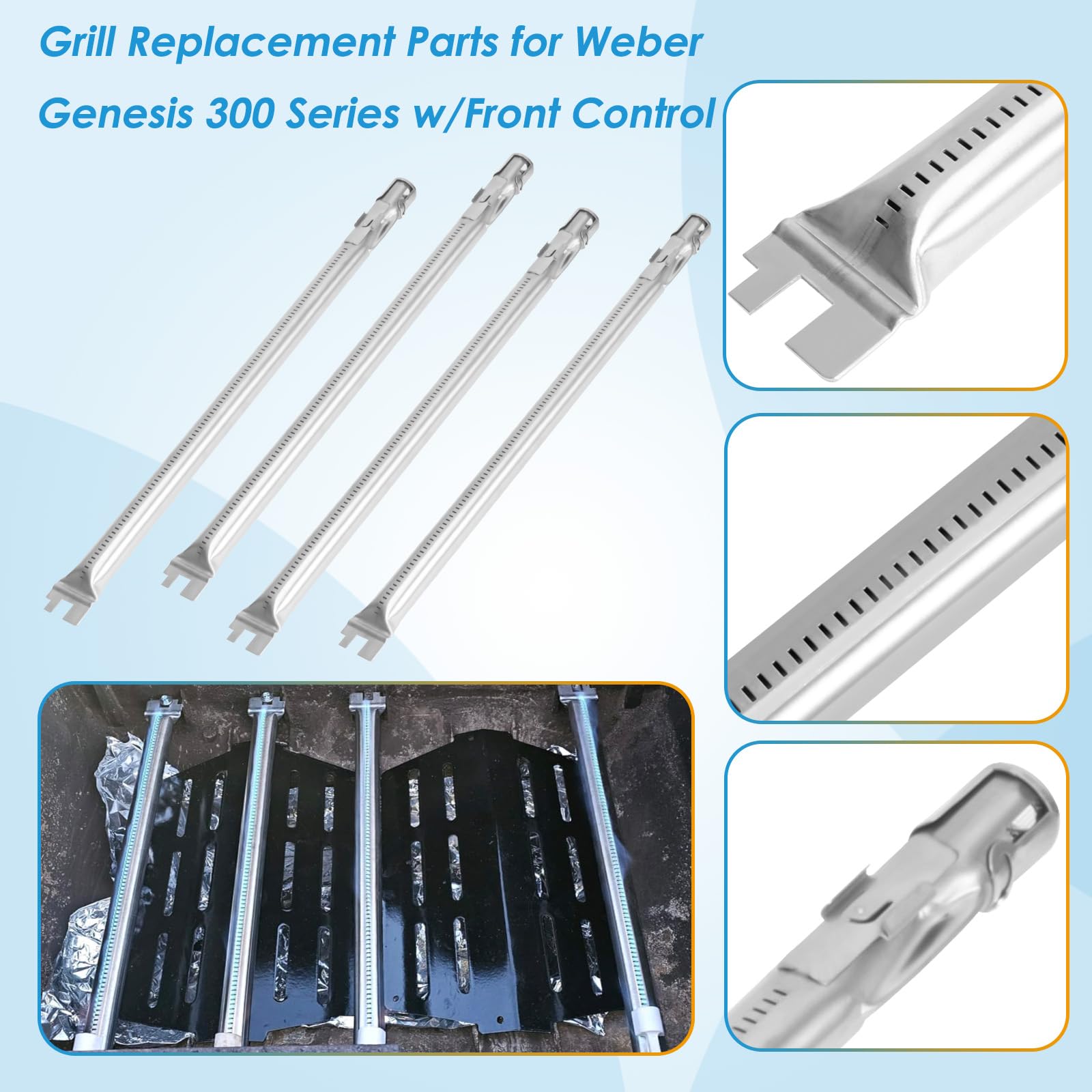 GFTIME 49,5 Cm Grillbrander Set Voor Weber Genesis 300 – 4 Stuks, 304 RVS, Vervangt 62752, 2011-2016